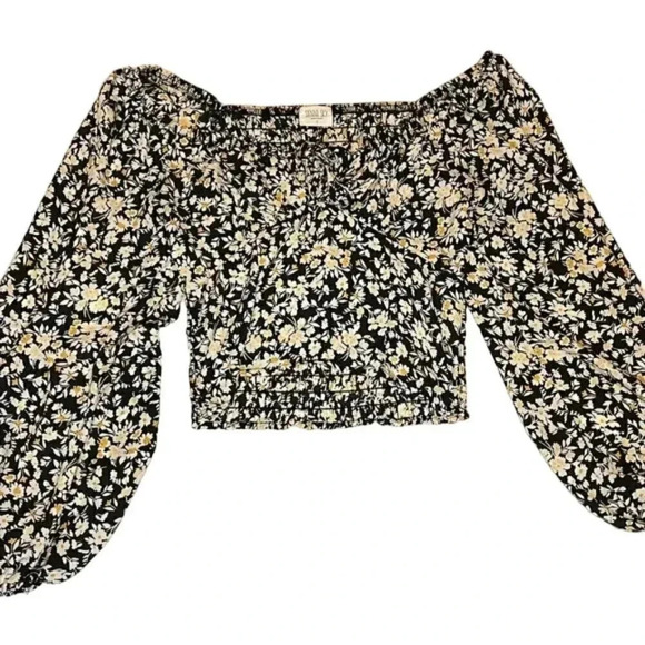 Sienna Sky Small Black Yellow Floral Square Neck Crop Smocked Top - Picture 7 of 14